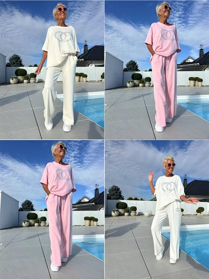 ⏳Limited offer! ⏰Casual two-piece set for women, plain top and loose trousers