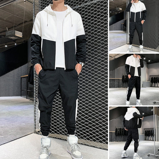 💥Men's Comfortable Color-Block Hooded Jacket & Drawstring Pants