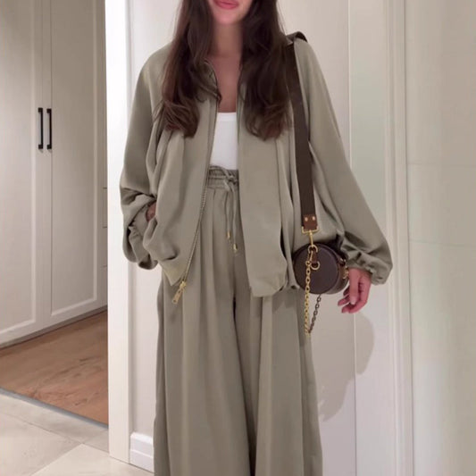 🔥Hot Sale: 50% Off-Loose Fit Zip Jacket & Wide-Leg Pants Set