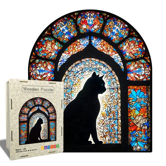 Stained Glass Cat Silhouette Wooden Puzzle 