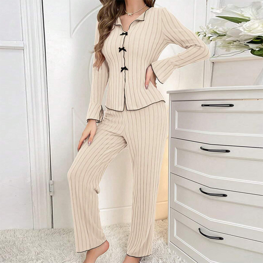 🔥Limited-Time Lowest Price⚡Women's Ribbed Knit Pajamas Sets with Lapel Collar & Bows