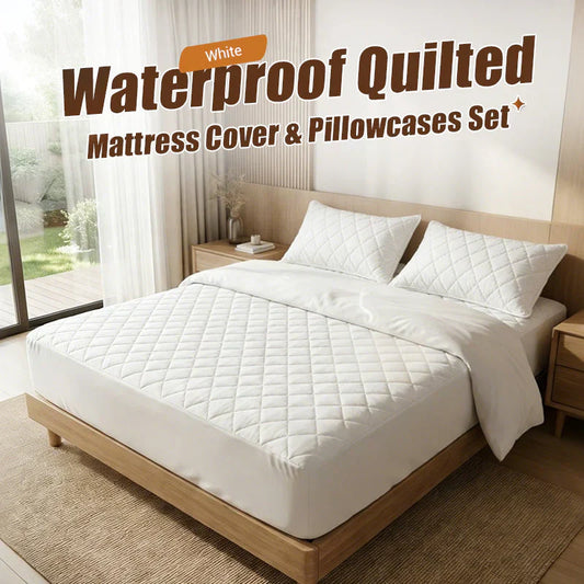 ⏰🔥LIMITED TIME 50% OFF! 🌤️ Waterproof Quilted Mattress Cover & Pillowcases Set – Protect, Comfort & Easy to Clean ✨🛏️