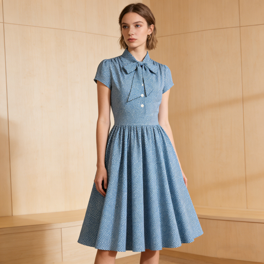 Women's Polka Dot Swing Dress with Neck Bow