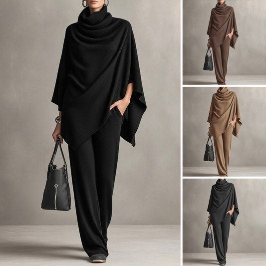 🌸 Free shipping | Women's Cowl-Neck Cape & Wide-Leg Pants 2-Piece Set