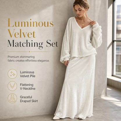 ✨Limited stock available, don’t miss out!🎉Women's Solid Color Velvet Two Piece Set with Deep V Neck Loose Sweatshirt and Flared Maxi Skirt