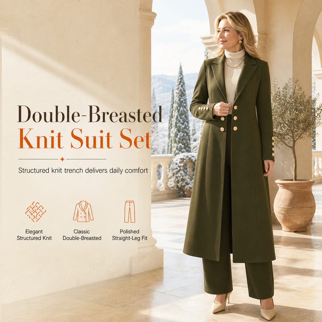 Women's longline double-breasted coat and matching trousers in army green