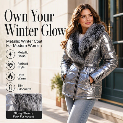 ✨ Women's Metallic Padded Jacket with Faux Fur Collar: Glossy, Warm & Chic ❄️