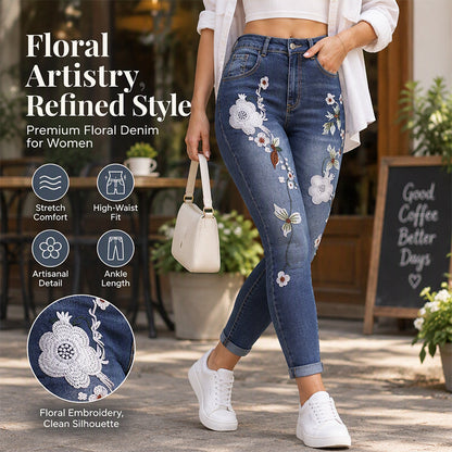 ✨ Women's High-Waist Stretchy Skinny Jeans with Floral Embroidery 🌸