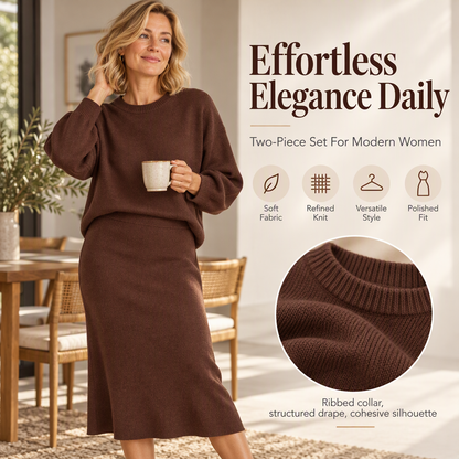 ✨ Women's Knit Crewneck Top & Midi Skirt Set: Soft & Effortlessly Elegant ☕