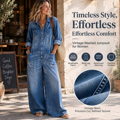 ✨ Women's Vintage Wide-Leg Denim Jumpsuit: Collared & Effortless Comfort 👖
