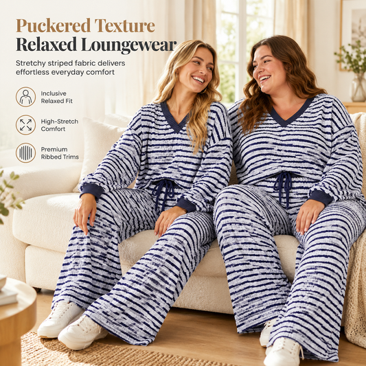✨ Women's 2-Piece Striped Lounge Set — Breezy V-Neck Top & Wide-Leg Pants 🌿