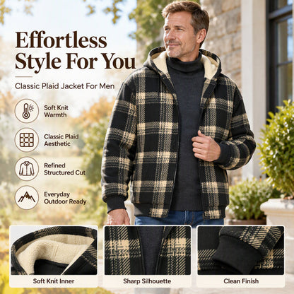 ✨ Effortless Style: Men's Classic Plaid Hooded Jacket with Soft Knit Inner ☕