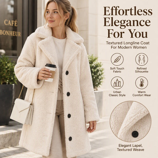 ✨ Women's Longline Teddy Coat with Lapel: Soft, Warm & Button-Down 🧥