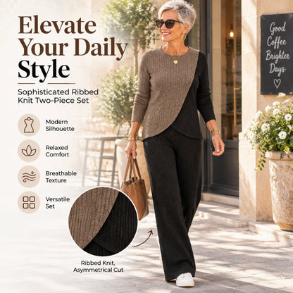 ✨ Women's Color Block Ribbed Knit 2-Piece Set: Asymmetrical & Chic 👗