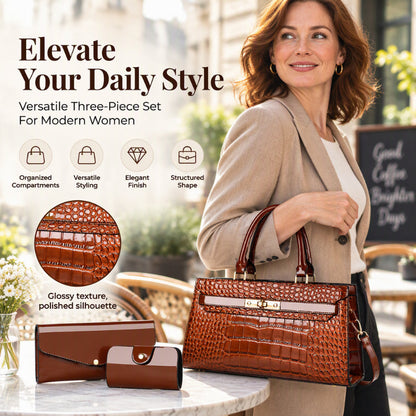 ✨ Elevate Your Daily Style: Women's 3-Piece Crocodile Handbag Set ✨