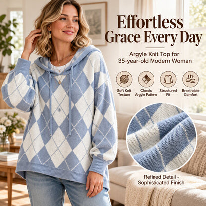 ✨ Women's Argyle Hooded Knit Sweater: Soft Texture & Effortless Grace 🧶