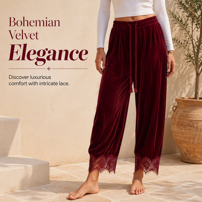 ✨ Women's Velvet Wide-Leg Pants with Lace Trim: Boho & Elegant 🍷