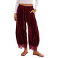 ✨ Women's Velvet Wide-Leg Pants with Lace Trim: Boho & Elegant 🍷