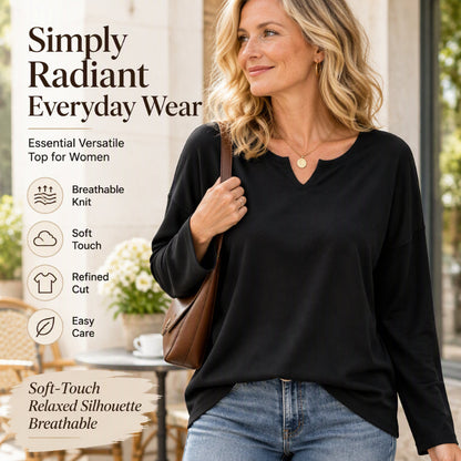 ✨ Women's Notch V-Neck Long Sleeve Top: Soft Knit & Relaxed Fit 🖤