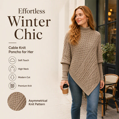 ✨ Women's Asymmetrical Cable Knit Poncho Sweater: High Neck & Chic 🍂