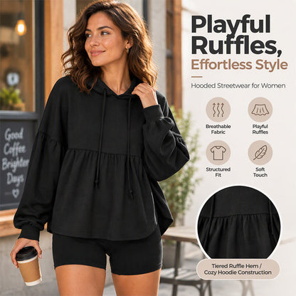 ✨ Playful Ruffles, Effortless Style: Women's Hooded Streetwear Sweatshirt ☕
