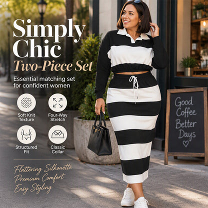 ✨ Women's Striped Polo Crop Top & Midi Skirt Set: Chic & Stretchy 🖤