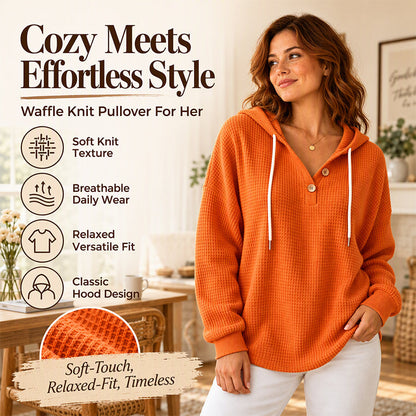 ✨ Women's Breathable Waffle Knit Sweatshirt — Henley Buttons & Classic Hood ✨