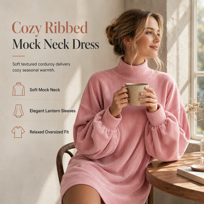 ✨ Elegant Women's Dress with Billowy Lantern Sleeves — Cozy Ribbed Knit ☕