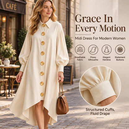 ✨ Women's Flowy Midi Dress — Statement Gold Buttons & Bubble Sleeves ☕