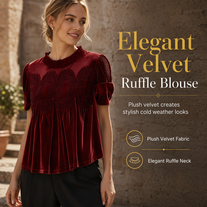✨ Women's Vintage Velvet Blouse — Ruffled Mock Collar & Lace Detail ☕