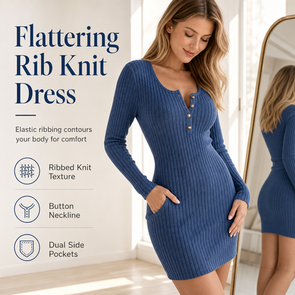 ✨ Women's Flattering Rib Knit Sweater Dress — Button Front & Side Pockets ☕
