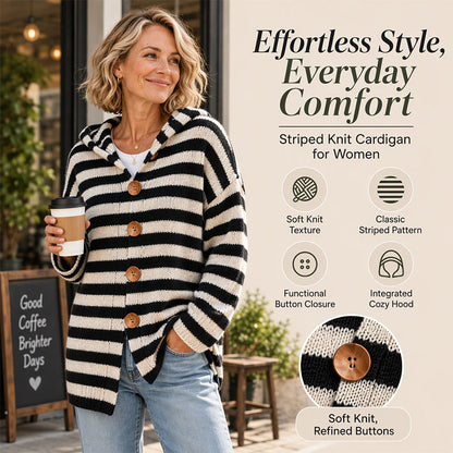 ✨ Women's Striped Hooded Cardigan: Soft Knit & Button-Down 🖤