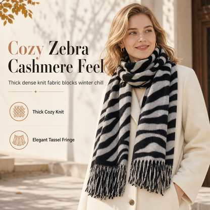 ✨ Women's Zebra Print Faux Cashmere Scarf: Oversized Wrap & Tassels 🦓