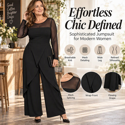 ✨ Women's Mesh Long Sleeve Jumpsuit: Wrap-Front & Wide-Leg 🖤