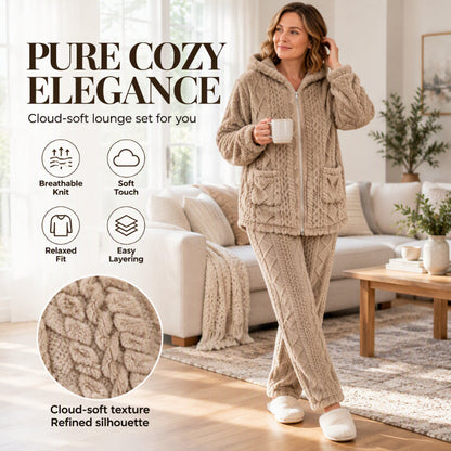 ✨ Women's Plush Cable Knit Hooded Jacket & Pants Set: Zip-Up Lounge 🧸