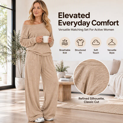 ✨ Women's Off-Shoulder Lounge Set — Soft Knit & Wide-Leg 🌟