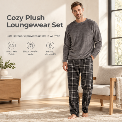 ✨ Men's Winter Pajama Set — Solid Crewneck & Plaid Pants 🧸