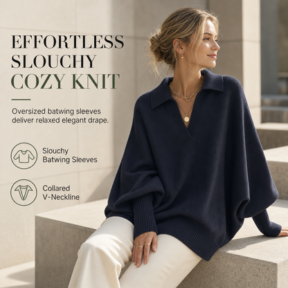 ✨ Women's Soft Knit Collared Sweater — Elegant V-Neck & Ribbed Texture ✨