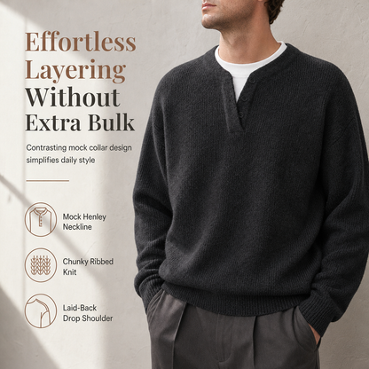 ✨ Men's Retro Henley Sweater — Mock Layered & Relaxed 🌟