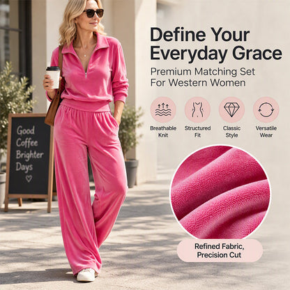 ✨ Women's Velour Half-Zip Tracksuit Set: Wide-Leg Pants & Soft Touch 💖