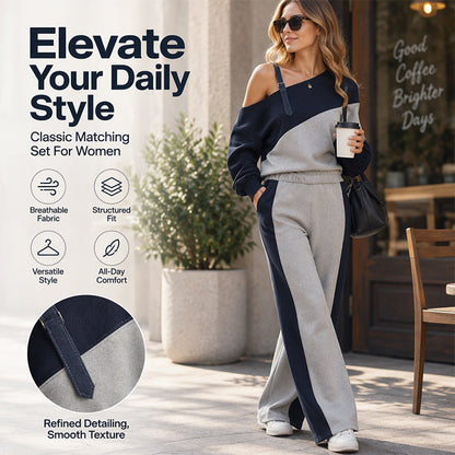 ✨ Women's Color-Block Off-Shoulder Set: Wide-Leg Pants & Side Stripe 🖤