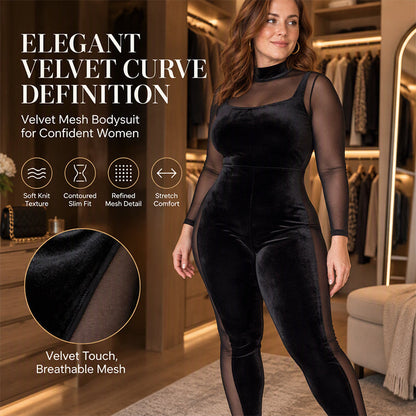 ✨ Women's Mesh Velvet Jumpsuit: Sheer Sleeves & Stretch Comfort 🖤