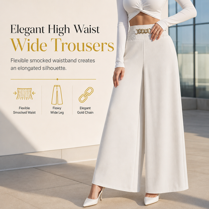 ✨ Women's High-Waisted Wide-Leg Pants: Gold Chain & Smocked Waist 🖤